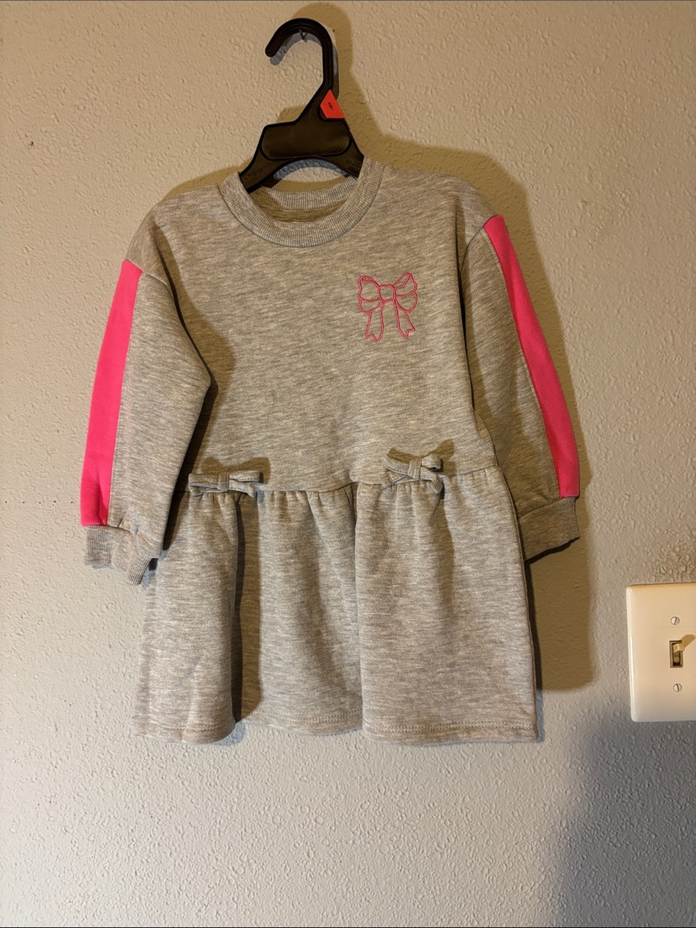 wonder nation Gray Dress with Pink Sleeve Stripes and Bow Embroidery